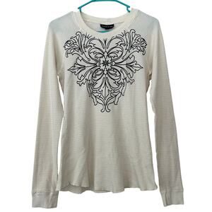 Vintage Athleta Thermal Long Sleeve Shirt White Black Graphic Print L